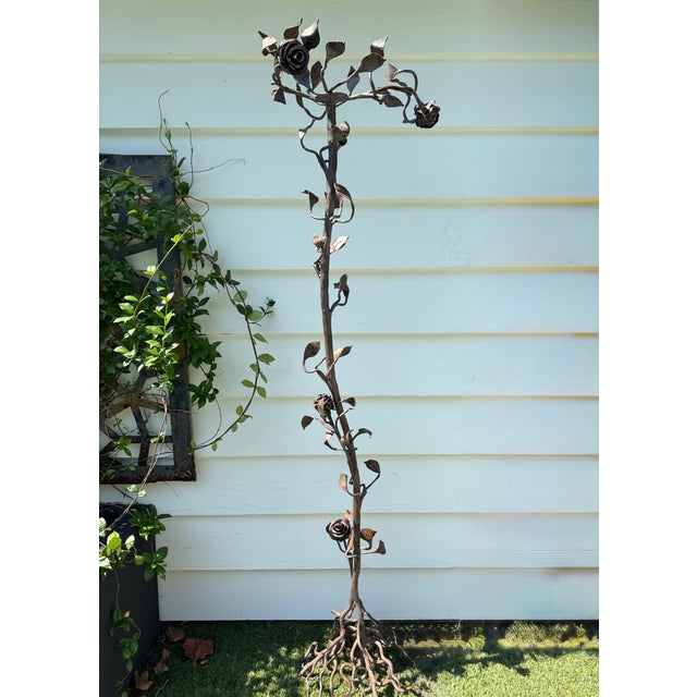 1940s Hand Forged Wrought Iron Rose Floor Candle Holder Sculpture Roots Blacksmith For Sale - Image 12 of 13