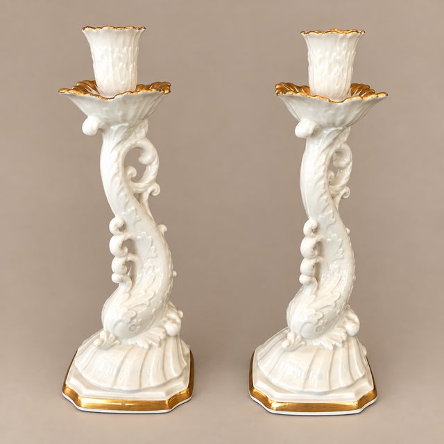 20th Century Lenox Chinoiserie Cream and Gold Asian Koi Dolphin Porcelain Candlesticks- A Pair For Sale In Naples, FL - Image 6 of 7
