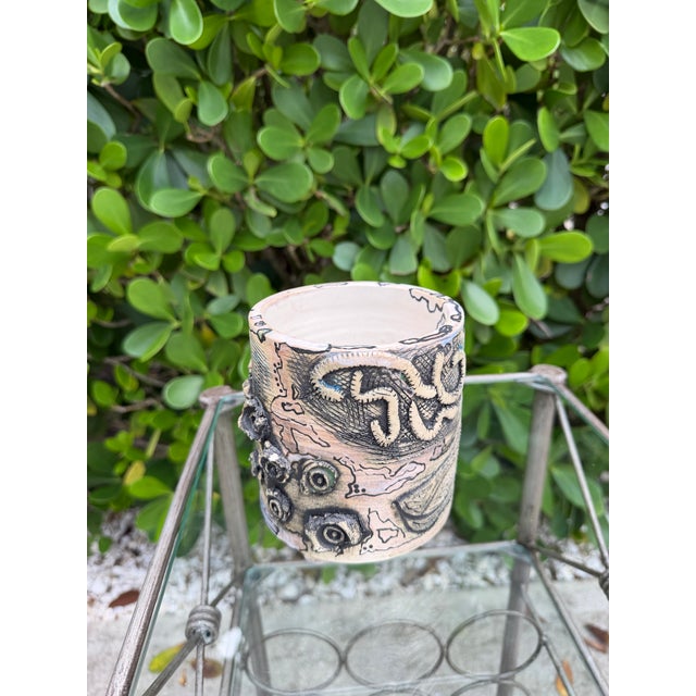 Mid-Century Modern Vintage Signed Studio Pottery Vessel With Abstract Relief Design For Sale - Image 3 of 10
