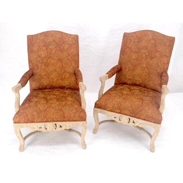 Wood Pair of Fine Carved White Lacquer Rouge Floral Upholstery Arm Club Chairs MINT For Sale - Image 7 of 13