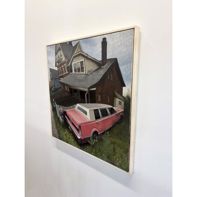Contemporary State Ave. Stretch by Brad Davis | Oil on wood panel Pink limousine parked near a house. For Sale - Image 3 of 5