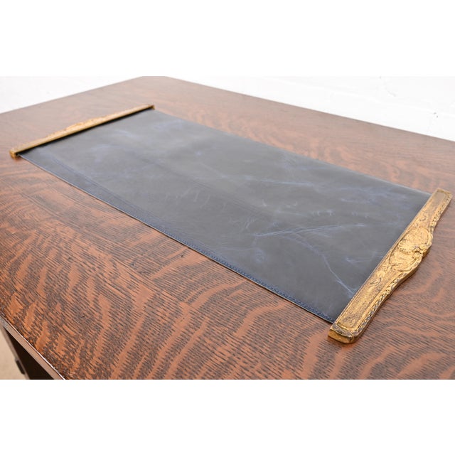 Art Deco Tiffany Studios New York Louis XVI Bronze Doré Blotter Ends With Leather Desk Blotter For Sale - Image 3 of 14