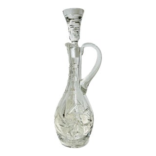 Vintage Belgian Cut Crystal Handled Style Decanter With Wheat and Star Design Barware For Sale