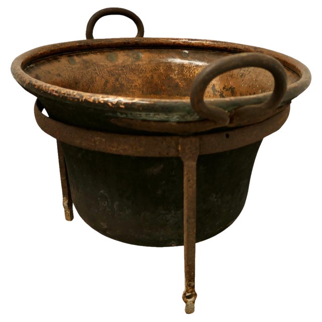 Hand Beaten Copper Cooking Cauldron on Stand, 1850s For Sale