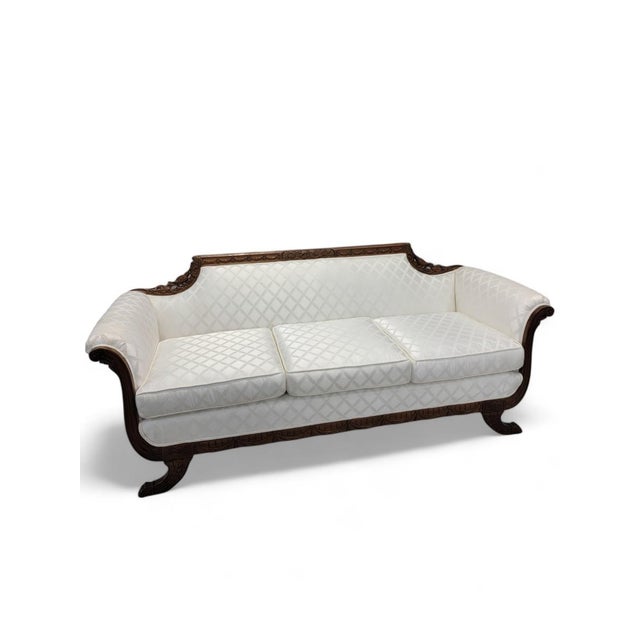 Early 20th Century Antique Duncan Phyfe Style Finely Carved Mahogany Parlor Sofa Reupholstered in White Patterned Silk Blend For Sale - Image 5 of 8