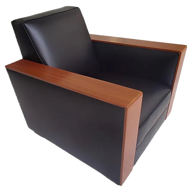 Art Deco Cubist Black Leather Lounge Chair, 1930s For Sale