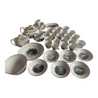 1800s Spode Bat Printing Black Monochrome Bone China Tea Service - Set 40 PCS For Sale