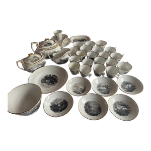 1800s Spode Bat Printing Black Monochrome Bone China Tea Service - Set 40 PCS