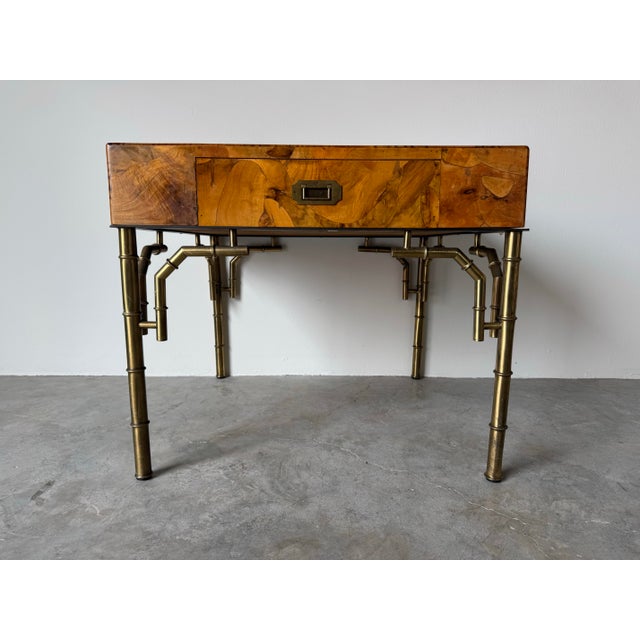 Hollywood Regency Italian Hollywood Regency Campaign Style Burl Olive Wood One Drawer End/Side Table For Sale - Image 3 of 12