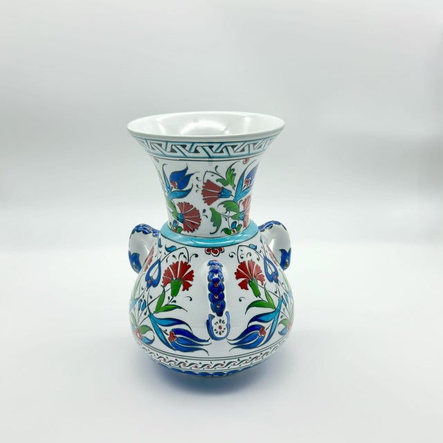 Handmade Ceramic “Kandil” Vase (20cm) – Traditional Mosque Lamp Shape with Red Tulips – Handled Iznik Decor For Sale - Image 6 of 8