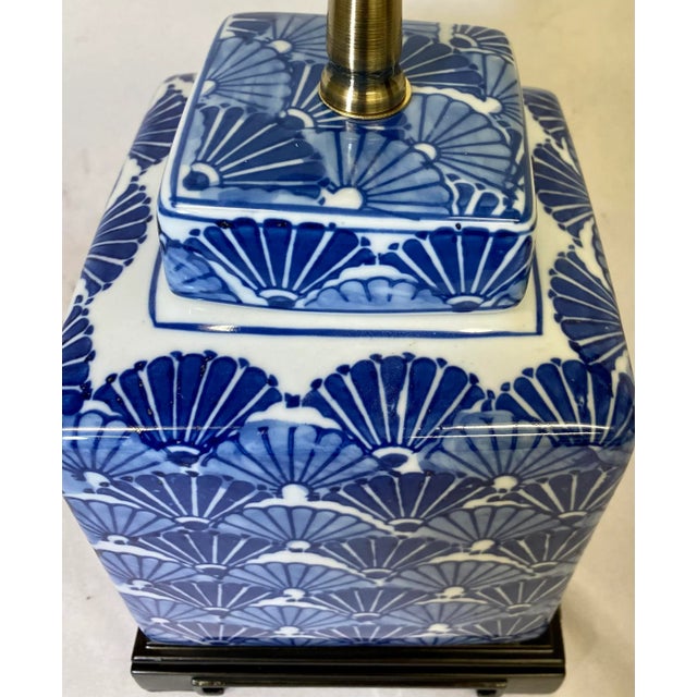 Blue Square Porcelain Ginger Jar Table Lamp Decorated With Festive Blue and White Chinese Fans on a Wooden Base With Cream Colored Lamp Shade For Sale - Image 8 of 12