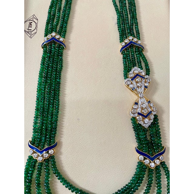 300 Carat 5-Strand Emerald Necklace with 4.8 Carat Diamond & Enamel in 14k Gold For Sale In New York - Image 6 of 18