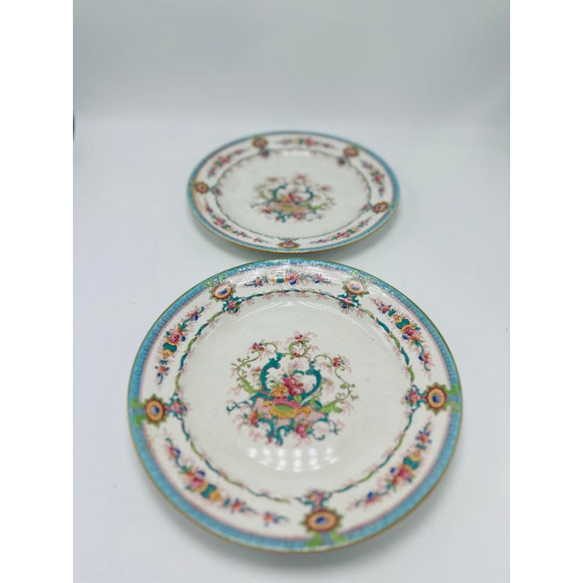 Metal 1920s Victorian Colorful Staffordshire Decorative Plates - a Pair For Sale - Image 7 of 8