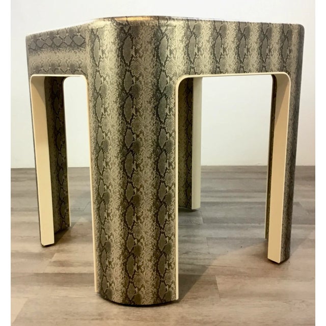 Stylish Mr and Mrs Howard modern faux python end tables prototypes pair, contrasting ivory bands, showroom floor samples