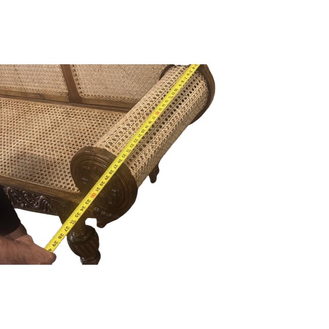 British Colonial Cane Settee With Hand-Carved Teak Wood Details For Sale In Los Angeles - Image 6 of 13