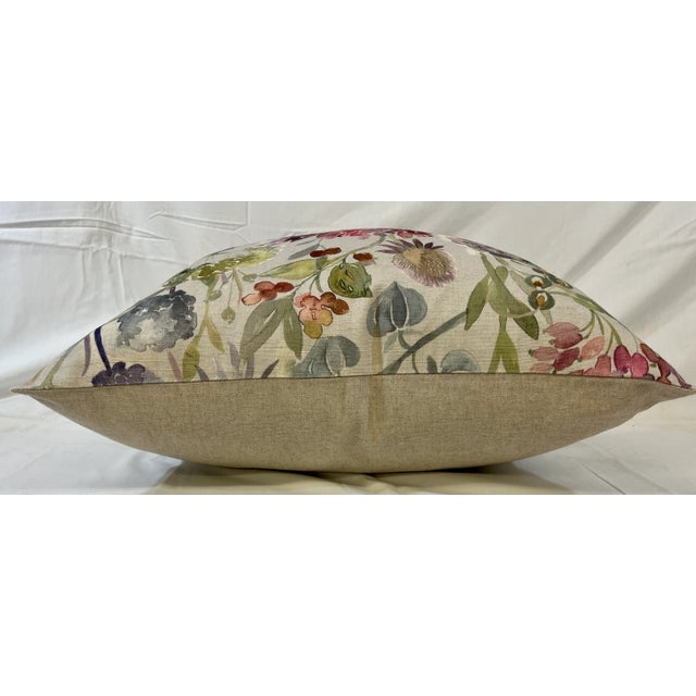 Cream 20" Square Decorative Throw Pillow Embellished With a Watercolor Look Pink and Purple Floral Pattern - Made in the U K For Sale - Image 8 of 11