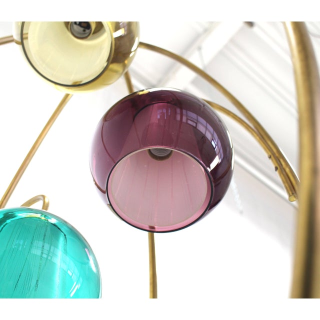 Oval "Bird Cage" Brass Table Lamp Purple Blue Yellow Glass Globe Shades MINT! For Sale - Image 6 of 10