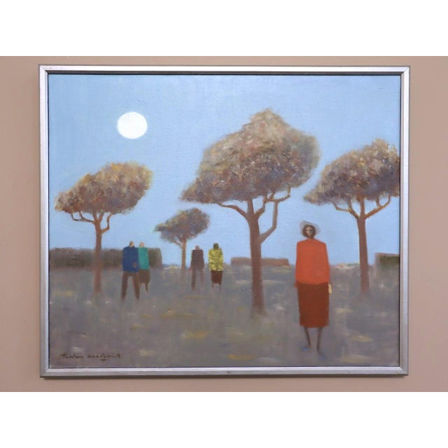 UNDER THE PALE BLUE SKY Size: 19.1 x 22.6 inches (including frame) Oil on canvas An evocative mid-century modernist...