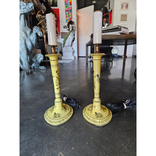 1970s 1970's Mottahedah Yellow Crepe Candlestick Lamps - a Pair For Sale - Image 5 of 12