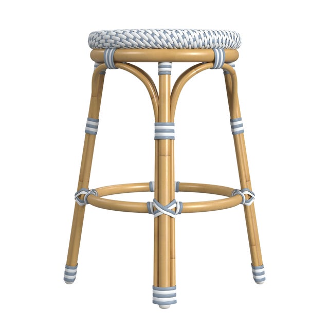 Spritely Home Accent Furniture Tobias 24.5 in. Seat Height Outdoor Rattan and Metal Backless Counter Stool, Blue/White Dot / Natural Rattan Frame For Sale - Image 4 of 7