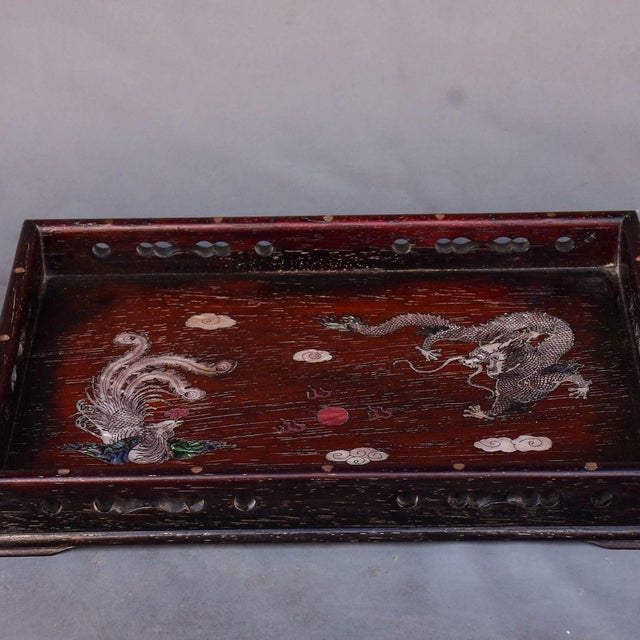 Vintage Zitan Wood Tray With Mother-of-Pearl Dragon & Phoenix Inlay For Sale - Image 4 of 8