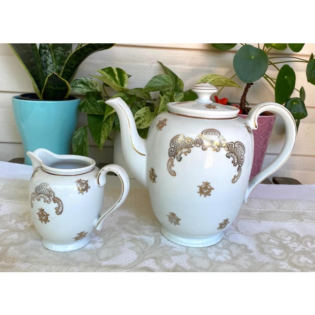 Vintage Mitterteich Bavaria Teapot and Creamer Jar, Gold Floral Scrolls on White with Gold Trim- 2 Pieces For Sale - Image 9 of 9