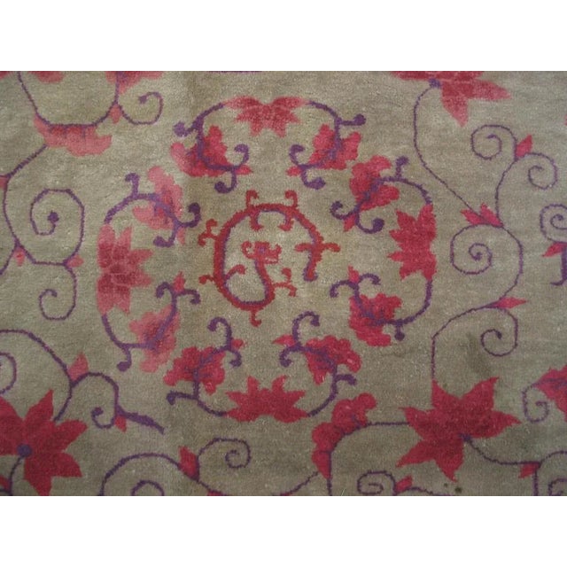 1930s Tan Sand Foliate Antique Chinese Art Deco Rug 9'0" X 11'8" Knotted Wool Carpet For Sale - Image 4 of 11
