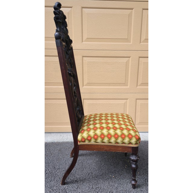 Mid 19th Century Pair of High Back 49" Side Chairs in Black Walnut Heavily Carved Black Forest Rococo Renaissance Revival For Sale - Image 5 of 17