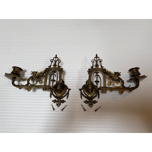 Art Nouveau Antique Ornate Brass Piano Sconces - a Pair For Sale - Image 3 of 12