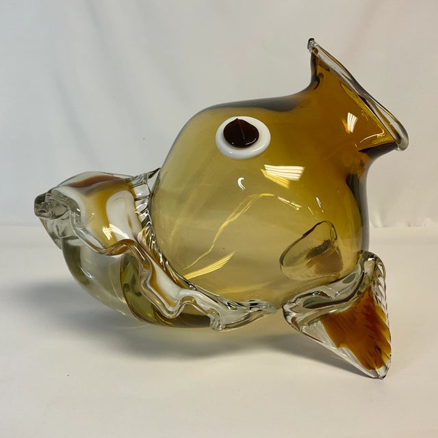 1980s Vintage Italian Boho Chic Handblown Amber Glass Large Scale Fish Sculptural Vase. For Sale - Image 11 of 11