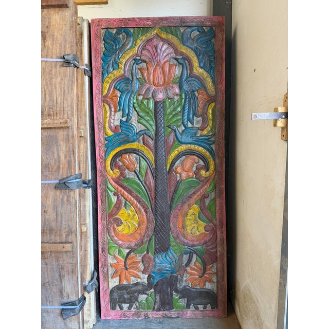 Hand-Painted Lotus Tree of Life Carved Wood Panel – Vintage Indian Barn Door Wall Art 84x36 For Sale - Image 4 of 5