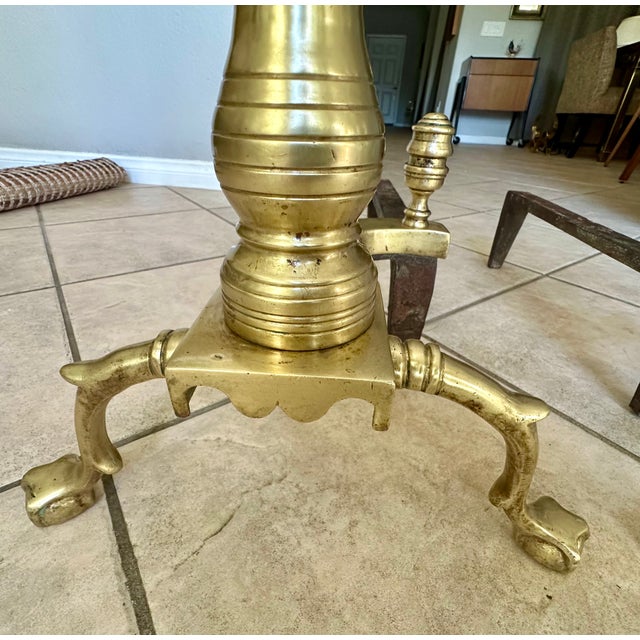 Pair Large Federal Beehive Ball Claw Brass Andirons For Sale - Image 9 of 18
