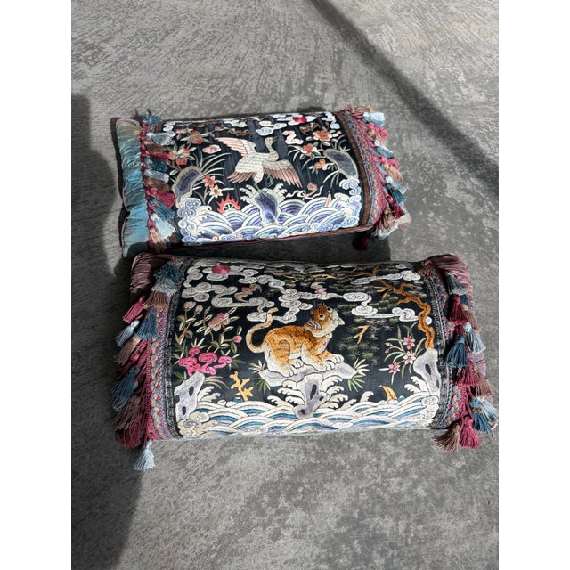 Pair of Antique Chinese Imperial Embroidered Silk Rank Badge Pillows For Sale - Image 9 of 11