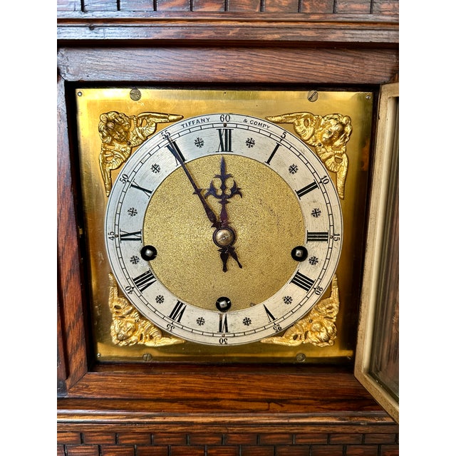 Antique Tiffany & Co. Architectural Oak Bracket Clock | English Case, German 5-Gong Movement | Circa 1900 For Sale - Image 9 of 18