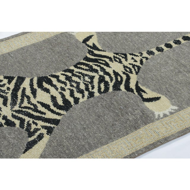Rug & Kilim Rug & Kilim’s Distressed Tiger Runner Rug in Gray With Beige and Black Pictorial For Sale - Image 4 of 8