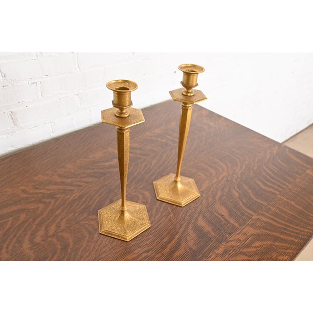 Tiffany Studios Tiffany Studios New York Bronze Doré Candlesticks, Pair For Sale - Image 4 of 12