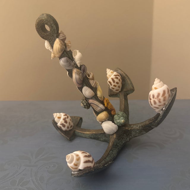 Nautical Cast Metal Anchor Sculpture Adorned With Natural Seashells For Sale - Image 9 of 10