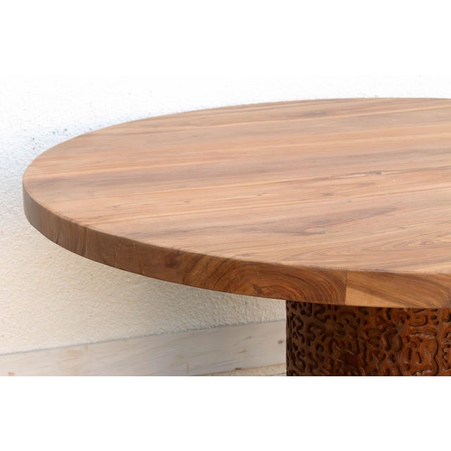Wood Finely Carved Reclaimed Teak Round Pedestal Dining Table For Sale - Image 7 of 12