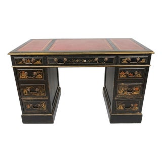 Chinoiserie Ebonized Hand Painted Kneehole Leather Top Desk For Sale