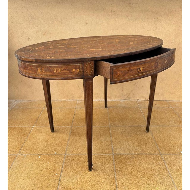 Wood Vintage Oval Marquetry Side Table with Drawer, 1920 For Sale - Image 7 of 13
