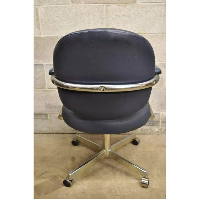 Late 20th Century Vintage Chromcraft Mid Century Modern Blue Vinyl Rolling Office Desk Chair B For Sale - Image 10 of 12