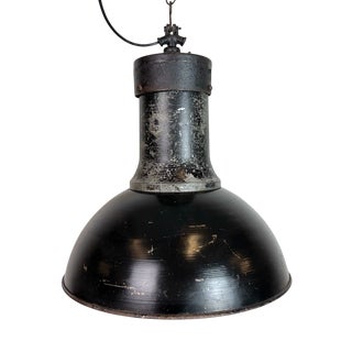 Large Industrial Black Factory Pendant Lamp with Cast Iron Top from Elektrosvit, 1950s For Sale