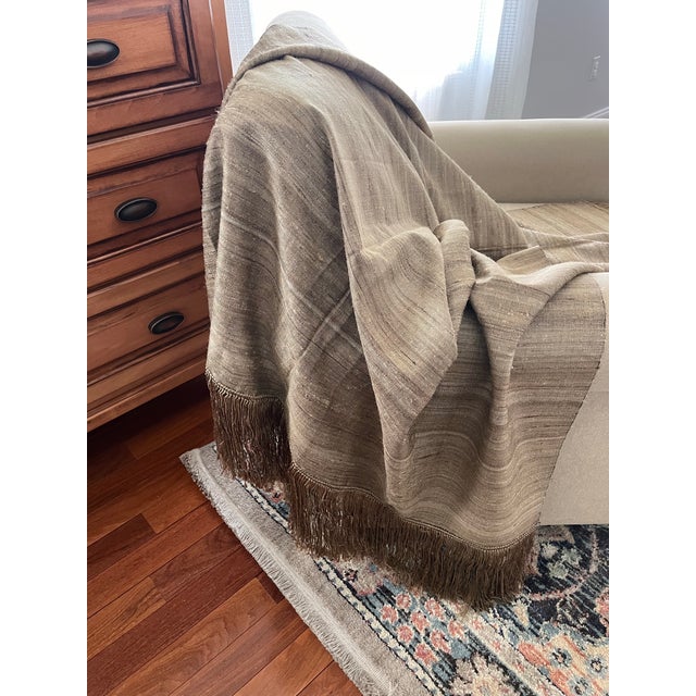 Classical Roman Vintage Raw Natural Handmade Tussar Silk Fringed Throw, India For Sale - Image 3 of 12