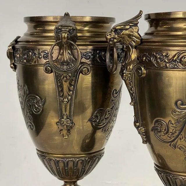Pair of 19th Century French Napoleon III Period Bronze & Brass Urns For Sale - Image 9 of 13