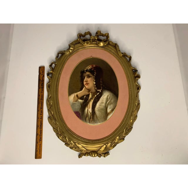 19th Century KPM Quality Portrait Painting on Porcelain of Gypsy Woman in Gilt Metal Frame For Sale - Image 9 of 10