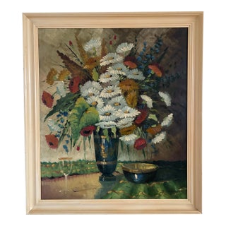 Vintage Original Floral Oil Painting With Wildflowers in Blue Vase For Sale