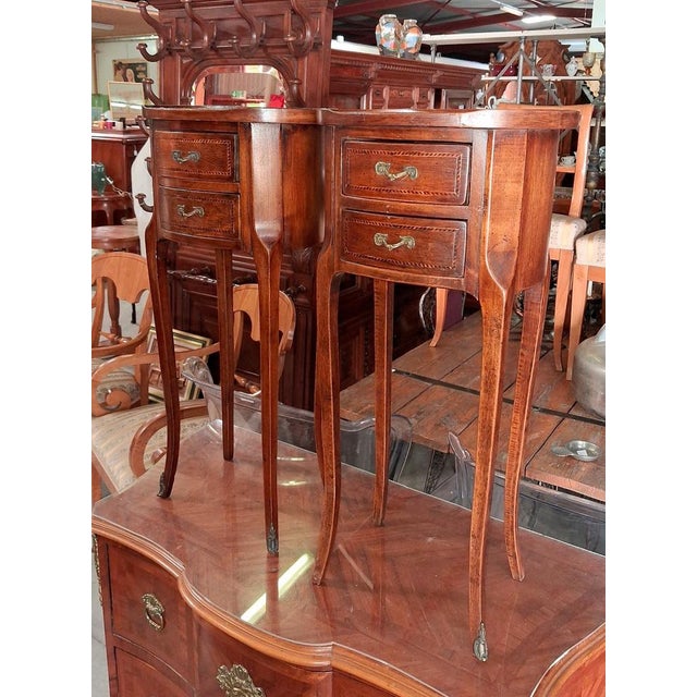 Louis XV Style Drum-Shaped Bedside Tables in Cherrywood and Marquetry, 1950s, Set of 2 For Sale - Image 4 of 6