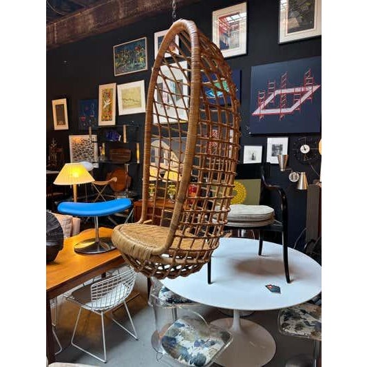 Brown Mid-Century Modern Wicker Rattan Hanging Chair, Italian Franco Albini Style For Sale - Image 8 of 13