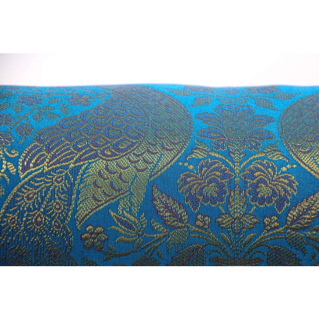 Bolster Pillows Turquoise Blue and Gold Colors with Peacock - A Pair For Sale - Image 4 of 13