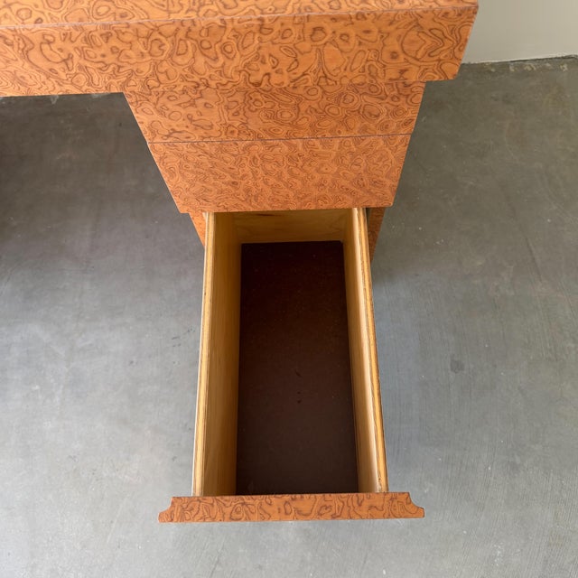 Vintage 80s Deco Postmodern Burlwood Writing Desk For Sale - Image 10 of 14